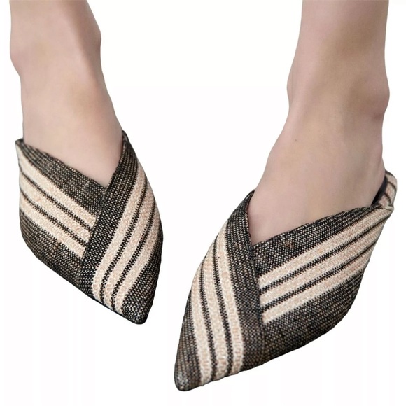 (Z1) Zara women's flat mules, size 39/8 US, ivory black, with shiny stripes - Picture 2 of 13